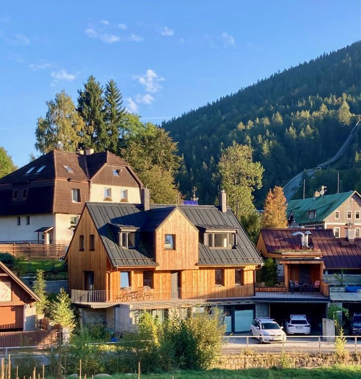 a home in the mountains with cars parked at Harrachov 702 in Harrachov