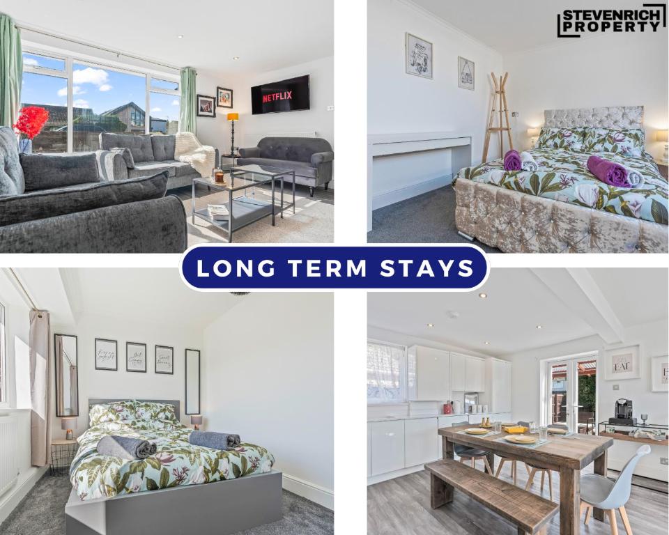 a collage of three pictures of a living room and a living room at Long-Stay Ready in NG13 Bungalow, sleeps 6 in Bingham