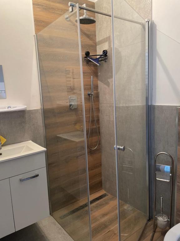a shower with a glass door in a bathroom at Letnisko, cisza, spokój , blisko morza Górsko 15 in Górsko