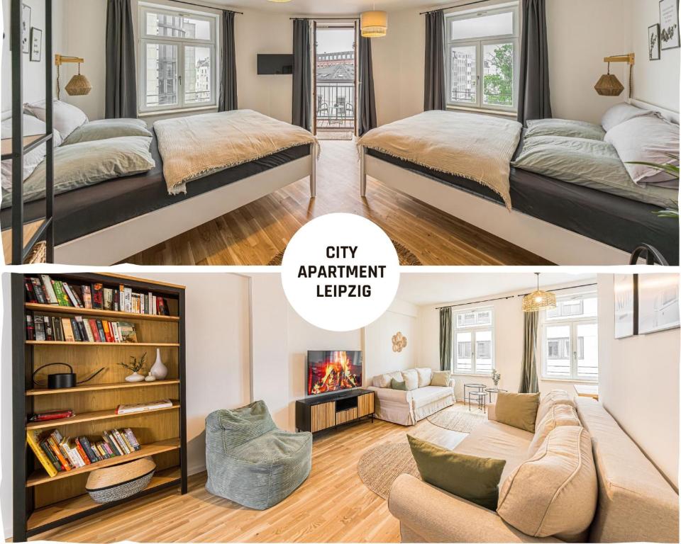 Hotel Stylisches zentrales City-Apartment mit 2 Balkonen, a room with two beds and a living room at Stylisches zentrales City-Apartment mit 2 Balkonen in Leipzig