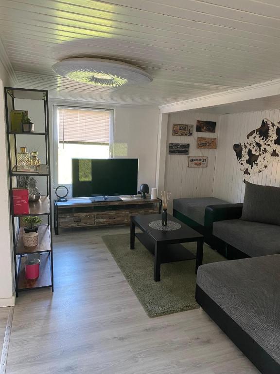 a living room with a couch and a flat screen tv at Ferienhaus Seeruhe in Flessenow