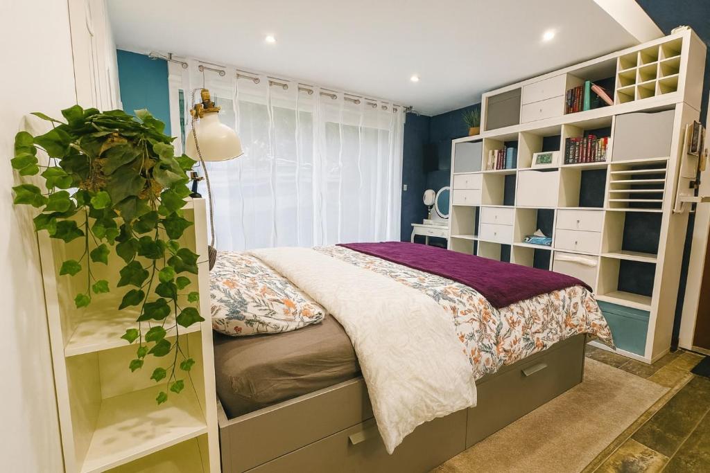 1 dormitorio con cama y estanterías en Le temps d'une pause, en Grand-Champ