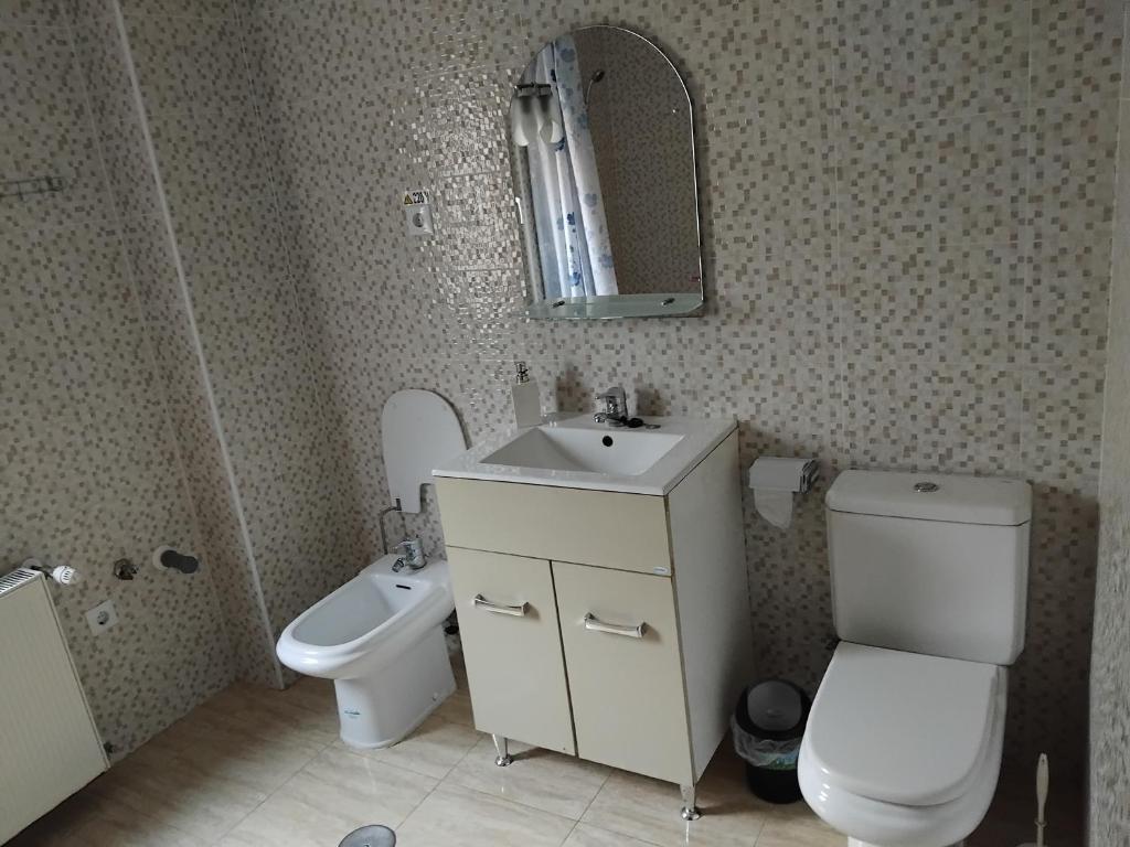 a bathroom with a sink and a toilet and a mirror at Casa Ile in Vişeu de Sus