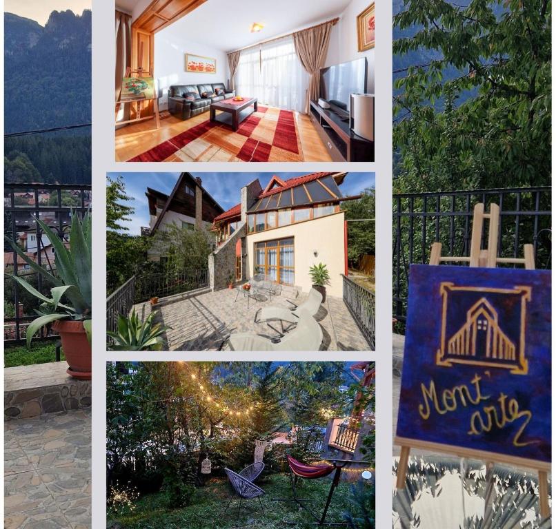 a collage of pictures of a house at Mont'Arte - Private Art retreat Villa in Buşteni