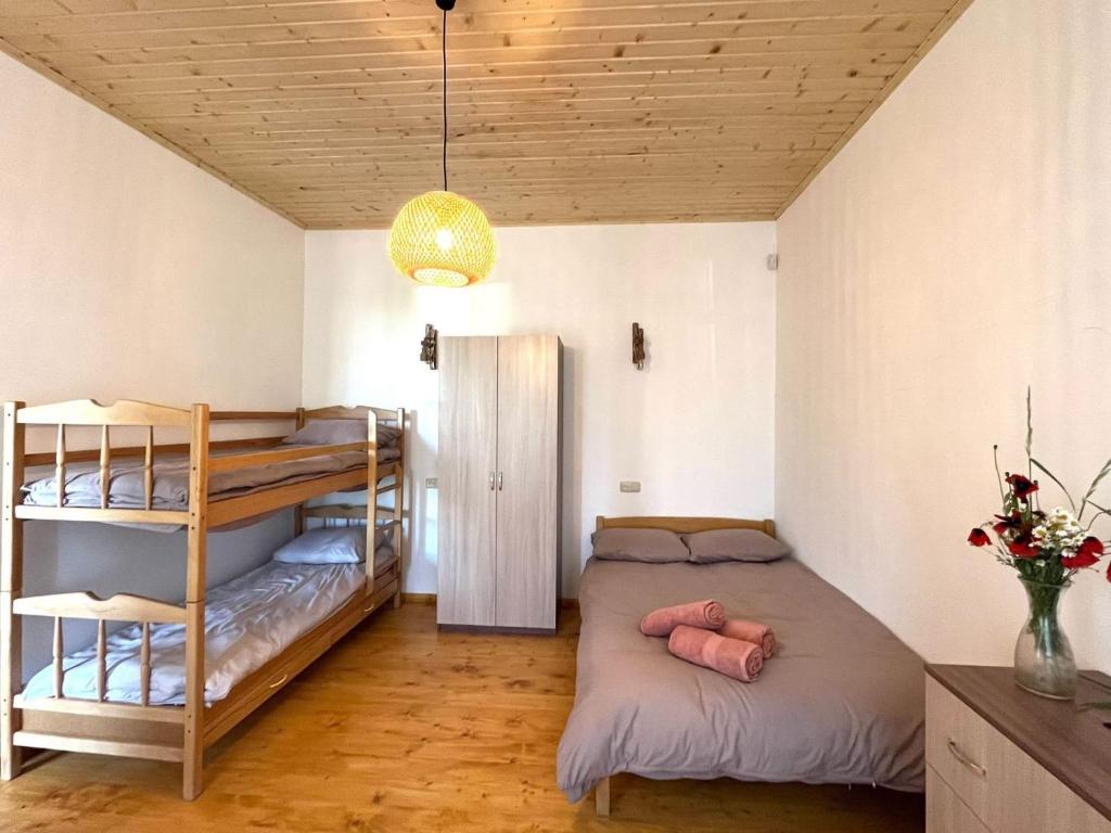 Un dormitorio con dos literas y una escalera. en Dokholyan Hause,, en Gyulagarak
