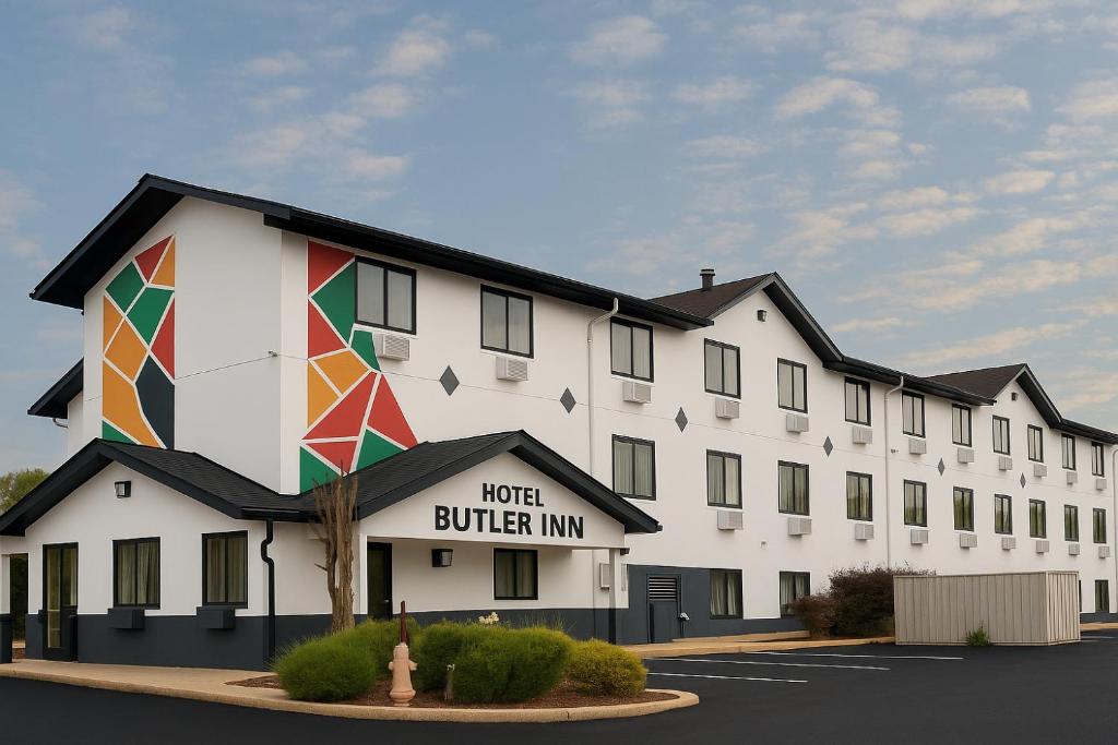 a large white building with a kite on it at Hotel Butler Inn in Butler
