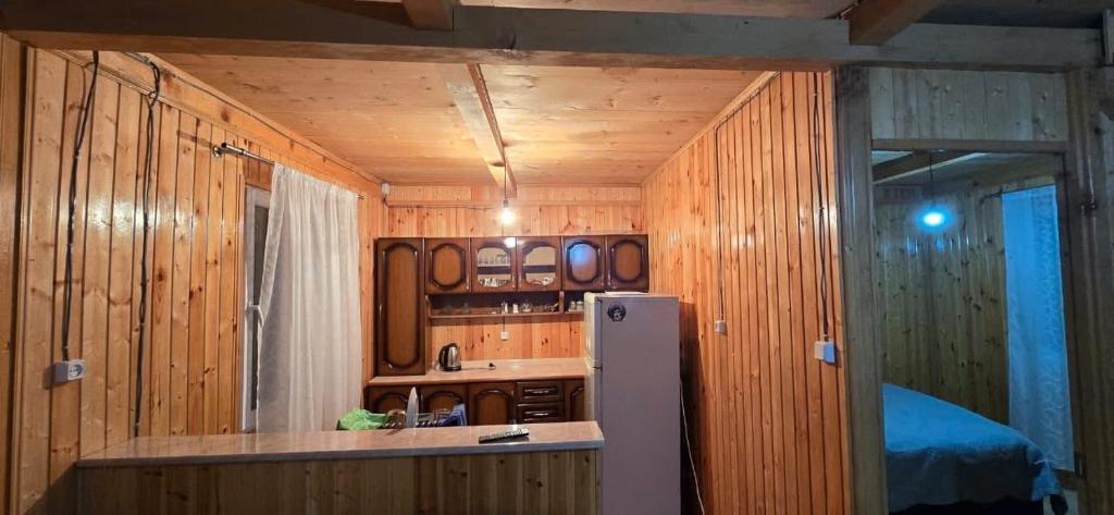 Goderdziにあるhotel beshumiの木製の壁のキッチン、冷蔵庫が備わります。