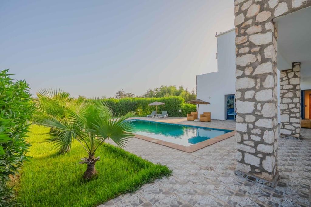 - une piscine avec un palmier à côté d'un bâtiment dans l'établissement Villa Tilila Mogador, à Essaouira