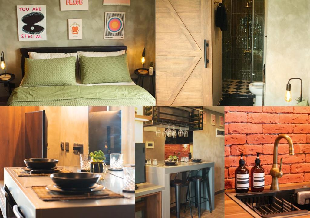 un collage de photos d'une cuisine et d'une chambre dans l'établissement Studio in Twin Lakes Tagaytay, à Laurel