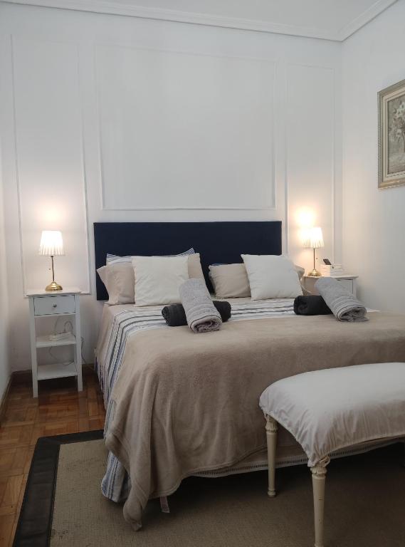 a bedroom with two beds and two lamps on tables at BIENVENIDOS a CASA PINO CENTRO in Logroño