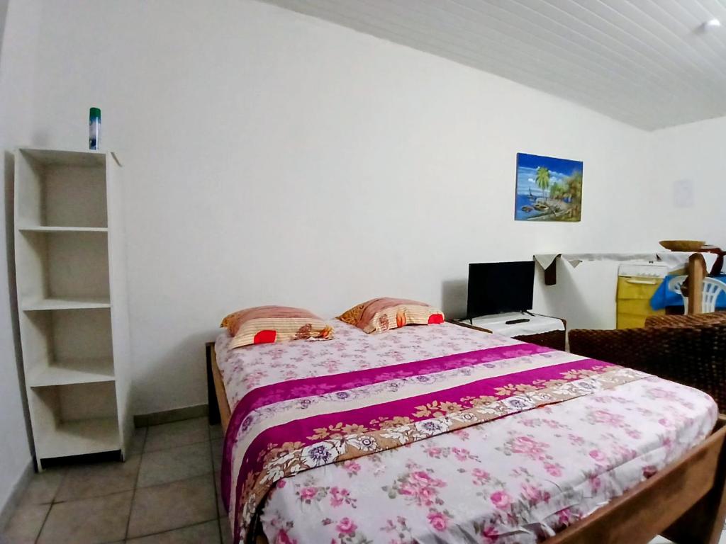 Un dormitorio con una cama con una manta rosa. en Le Milano, en Kourou