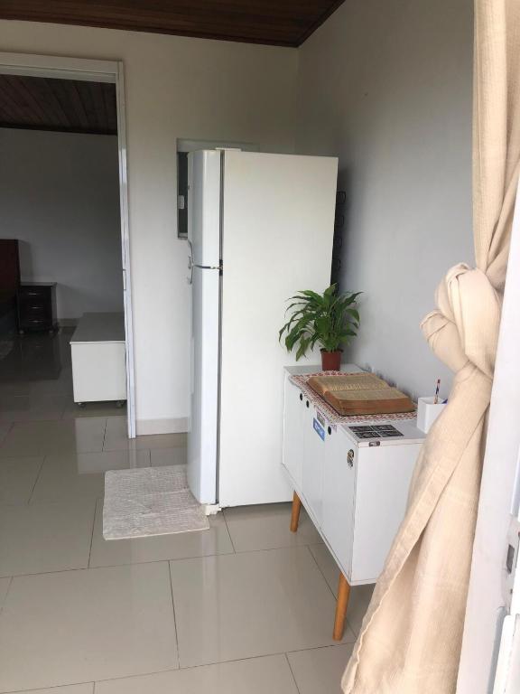 a kitchen with a refrigerator and a table with a plant at Recanto Urbano Centro histórico in São José