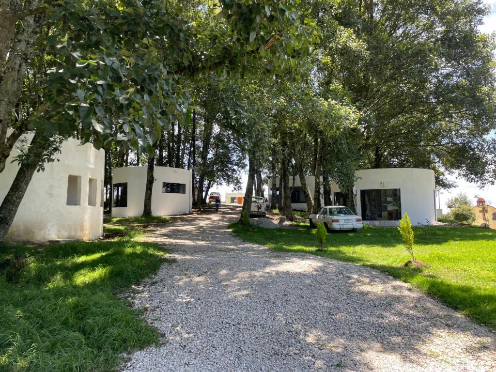 a gravel road in front of a house with trees at Cabañas el Rincon de los Sueños in Las Vigas