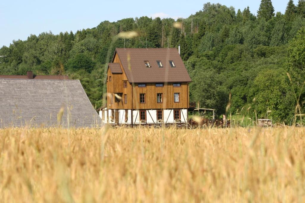 une grande maison en bois dans un champ d'herbe dans l'établissement Klumpes Malunas, à Vosbutai