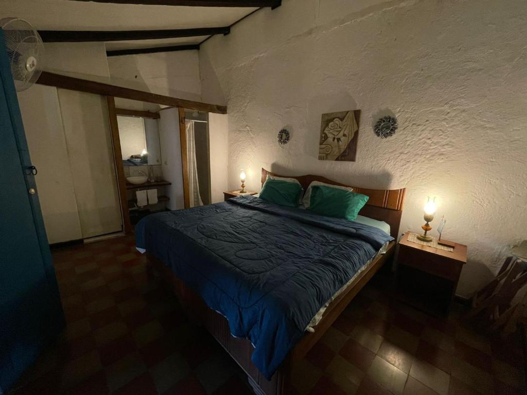 1 dormitorio con 1 cama con sábanas azules y almohadas verdes en Hostal Casona de los Vega, en Izalco