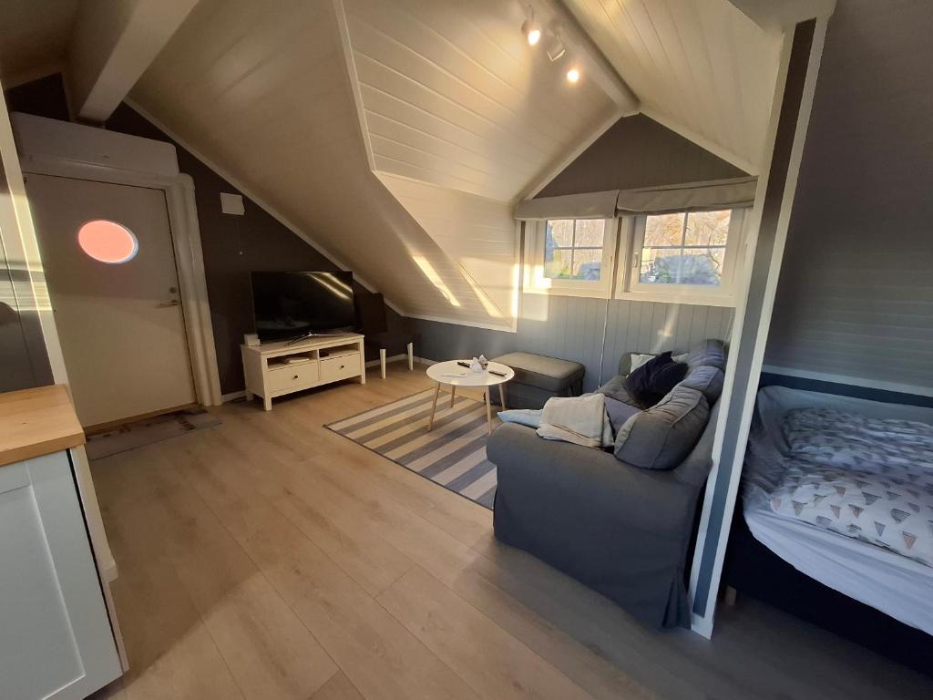 a small living room with a couch and a bed at Charming studio apartment in Skarvedalen