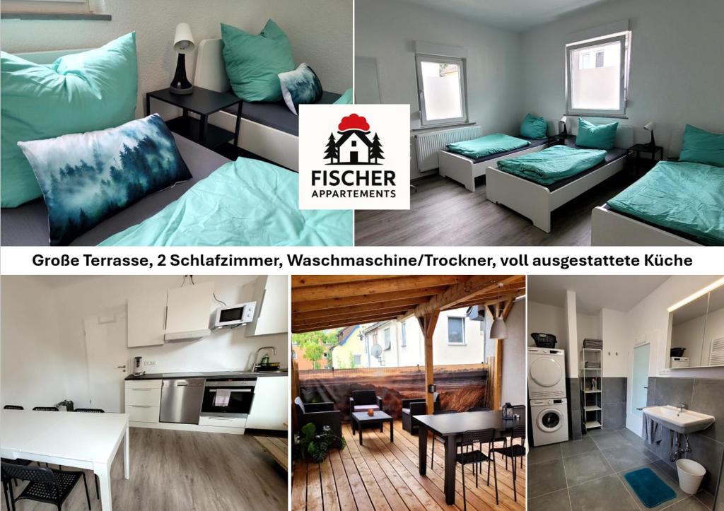 two pictures of a bedroom and a living room at Fischer Apartment 1 - moderne Monteurs- & Ferienwohnung mit 2 Schlafzimmern - neu renoviert mit großer privater Terrasse in Villingen-Schwenningen