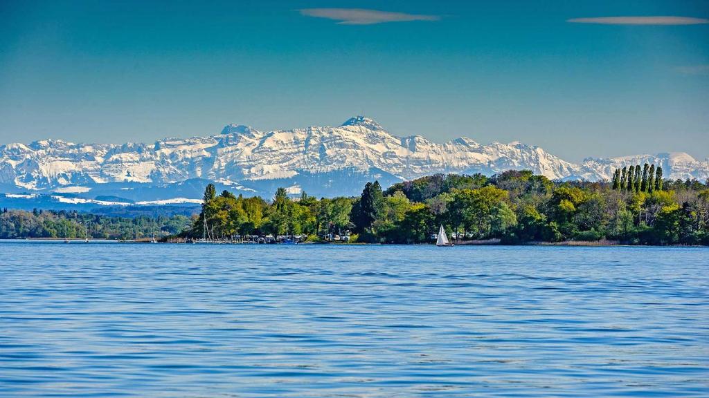 a large body of water with a mountain in the background at Apartment Altstadt 50m vom Bodensee in Meersburg
