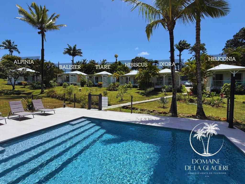 a swimming pool in front of a house with palm trees at Domaine de la Glacière in Petit-Bourg
