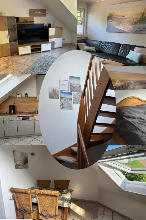 a collage of photos of a living room and a staircase at Schöne Maisonette-Wohnung in ruhiger Lage in Oer-Erkenschwick