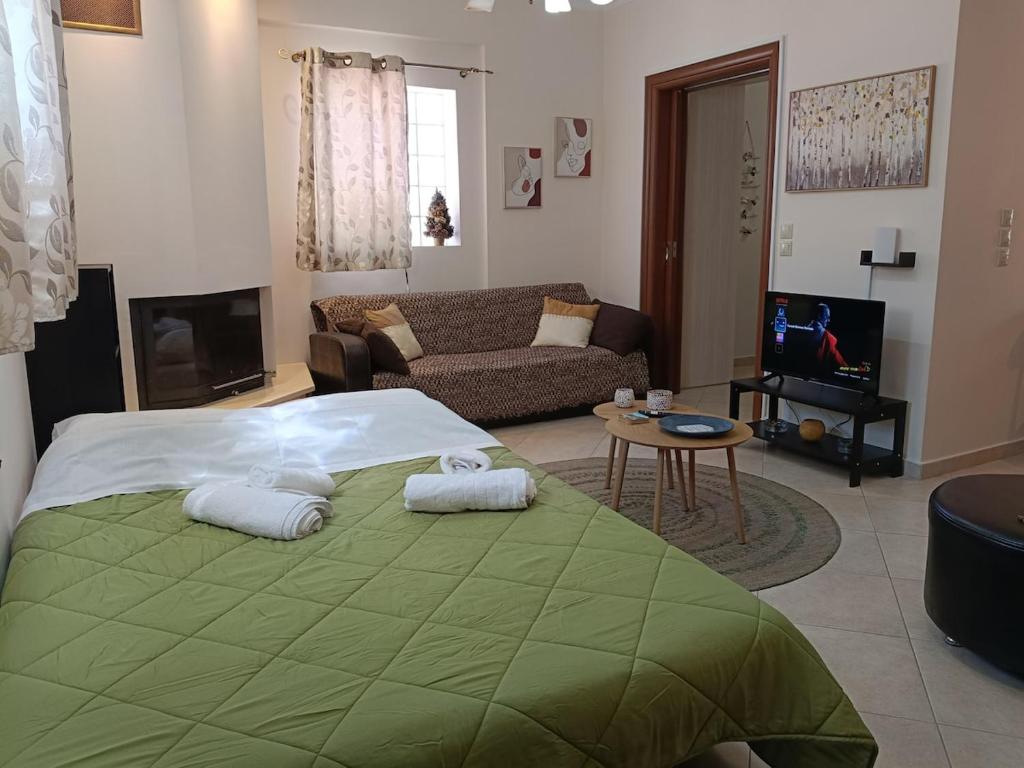 a living room with a large green bed and a couch at Forest Breeze-1 - JM Rentals in Stení Dhírfios