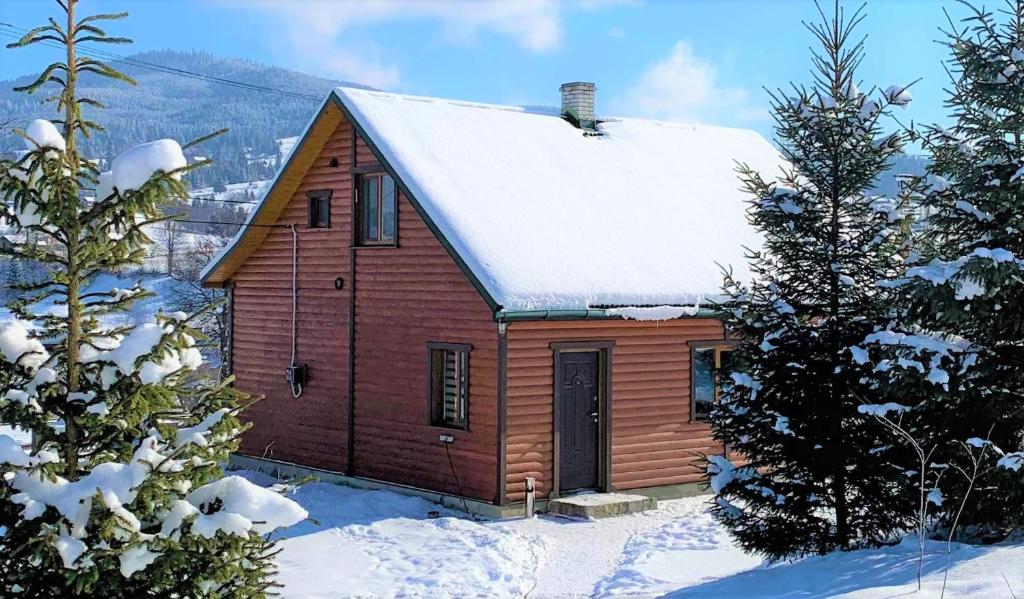 uma pequena casa de madeira com neve no telhado em Cottage Ozerniy em Lazeshchyna