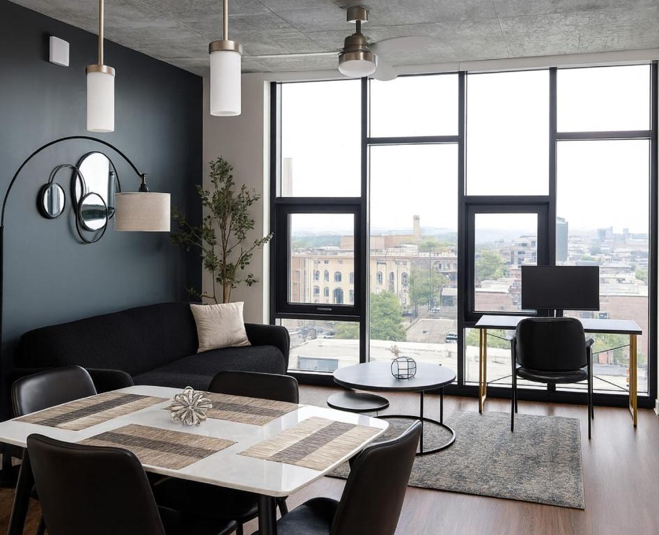 a living room with a couch and a table at Modern 2BR Gem Rooftop Pool and Workspaces in Birmingham