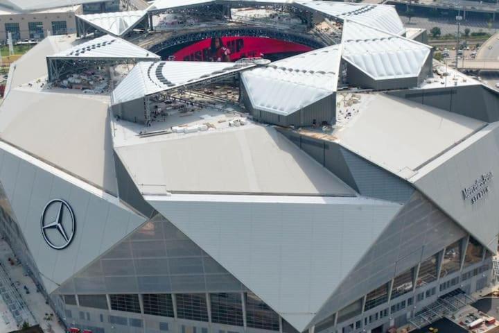 an aerial view of a building with a stadium at 20N - Stylish 1BD 1BA Condominium in the Heart of Downtown in Atlanta