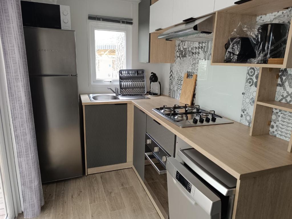kuchnia ze zlewem i kuchenką górny piekarnik w obiekcie Mobilhome aux dunes de contis w mieście Saint-Julien-en-Born