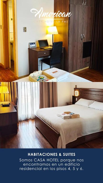 a hotel room with a bed and a desk at American - Casa Hotel in La Paz