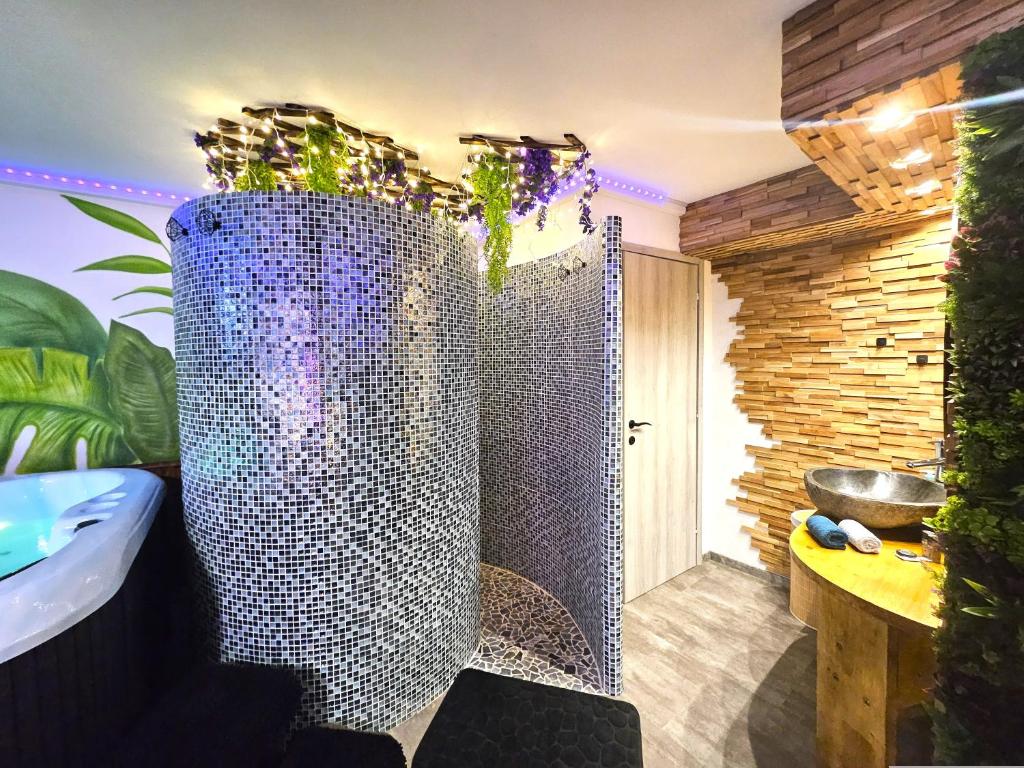 a bathroom with a shower and a sink at Le refuge de Bergheim - Proche Colmar - Sur la route des Vins - Studio de luxe avec Jacuzzi Privatif in Bergheim