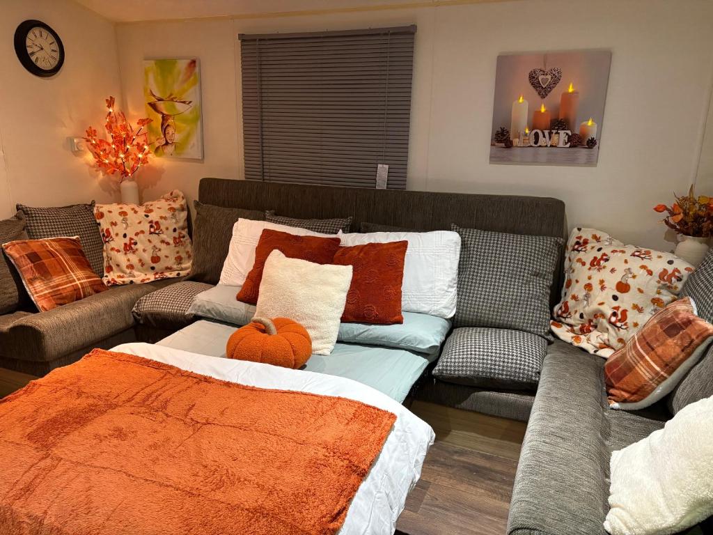 a living room with a couch with pillows at Centrix at Seawick Holiday Park in Saint Osyth