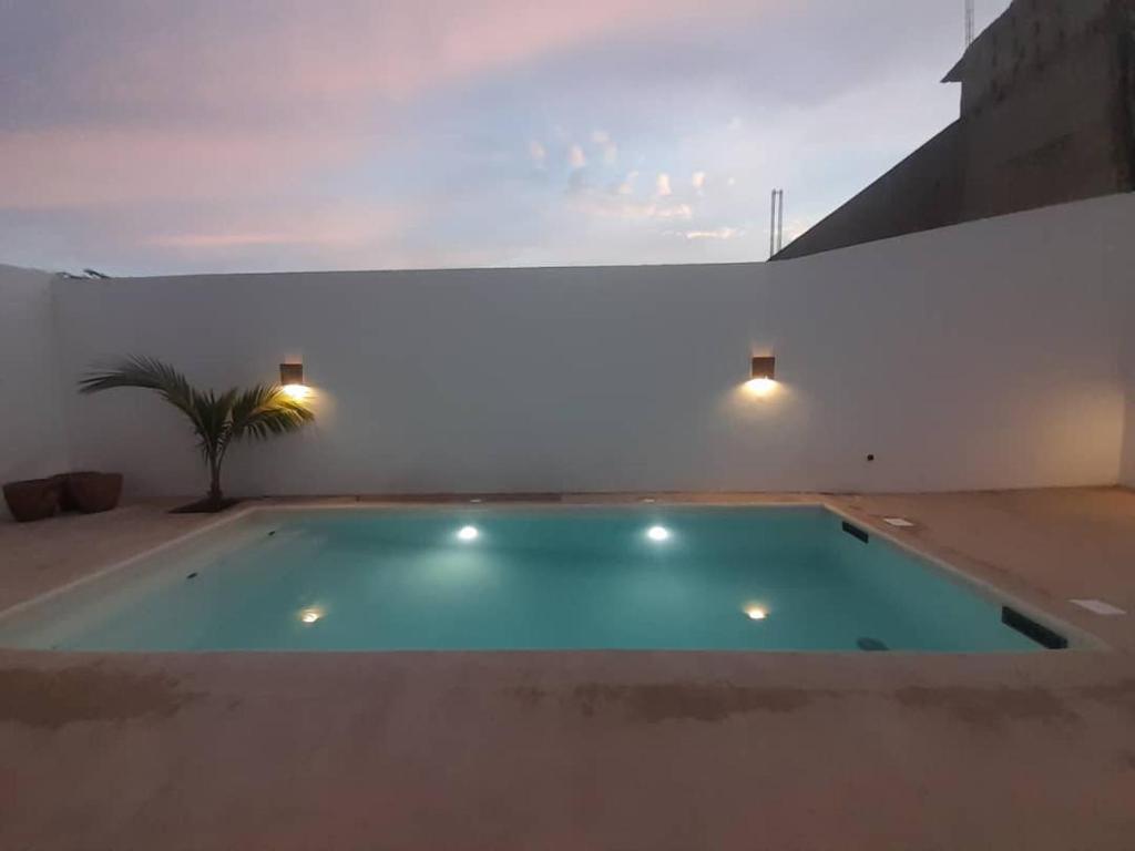 a large swimming pool in a white room with a palm tree at Villa Face a l'océan in Rufisque