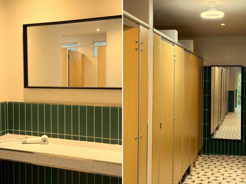 two pictures of a bathroom with a mirror and a sink at Where Is Hostel - Koh Tao in Koh Tao