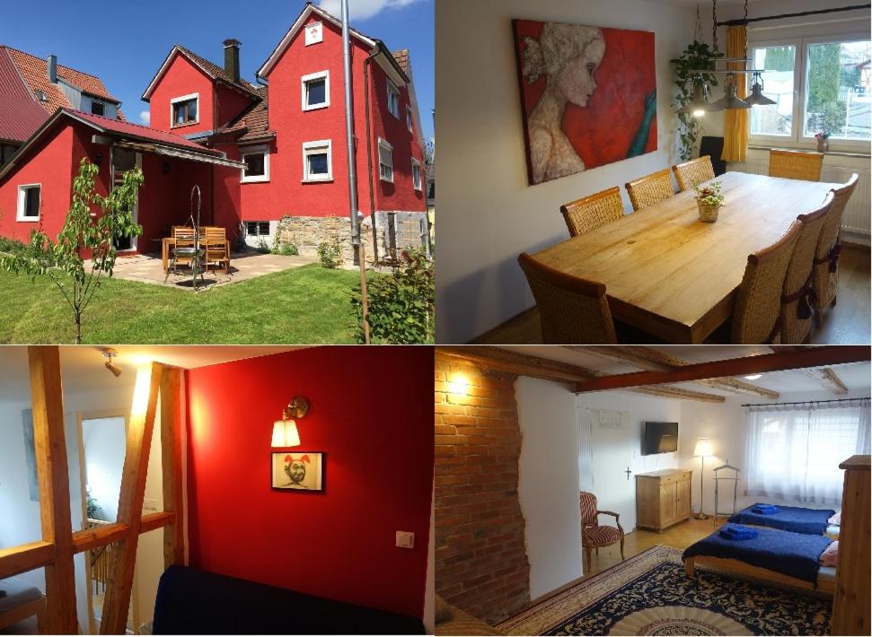 zwei Bilder von einem Haus und einem Esszimmer mit einem Tisch in der Unterkunft Vive-Là übernachten mit Charme! in Kusterdingen