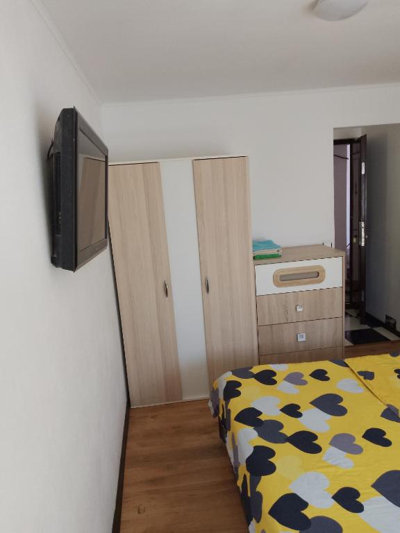 a bedroom with a bed and a tv on a wall at Garsoniere in Târgu Jiu