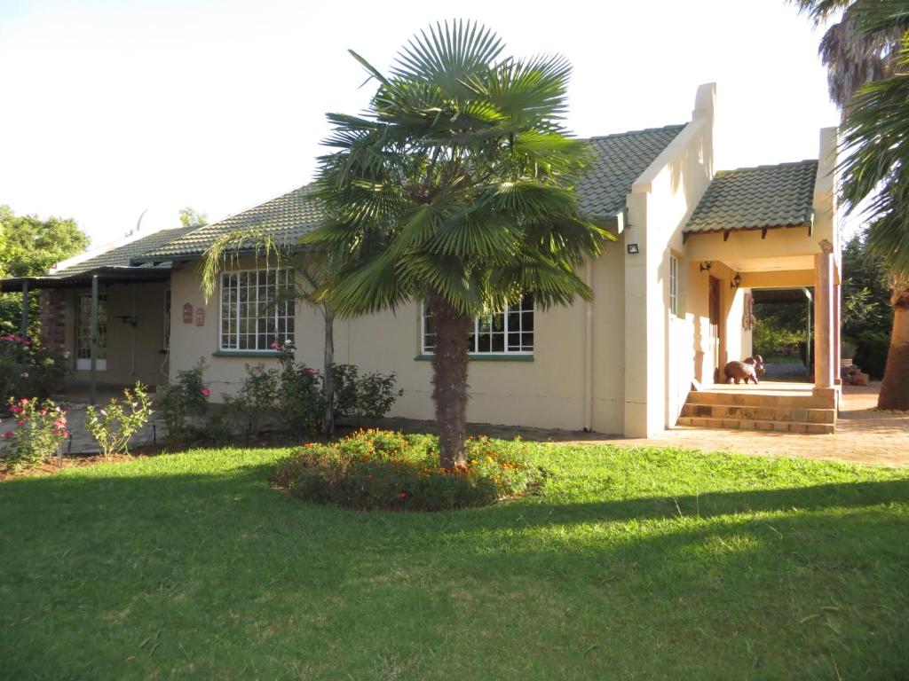 a palm tree in front of a white house at Dandelion Cottage in Boschkop