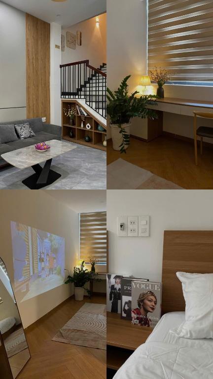 a collage of four pictures of a bedroom at Kimi Homestay Hue in Thôn Trường Giang