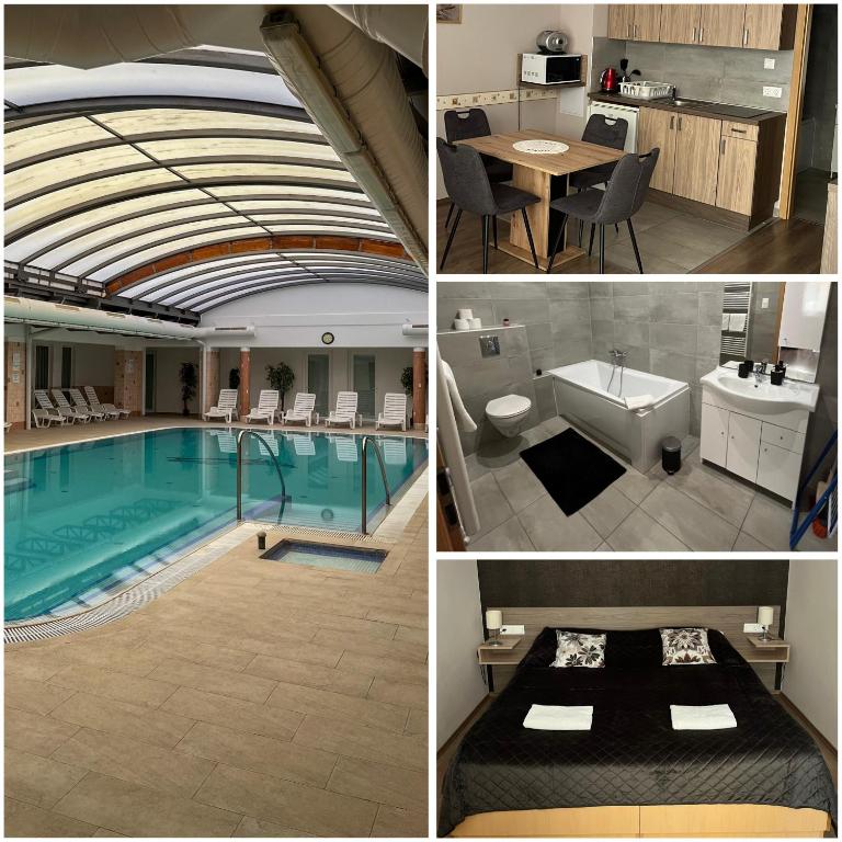 a collage of four pictures of a swimming pool at Solaris Apartman in Zalakaros