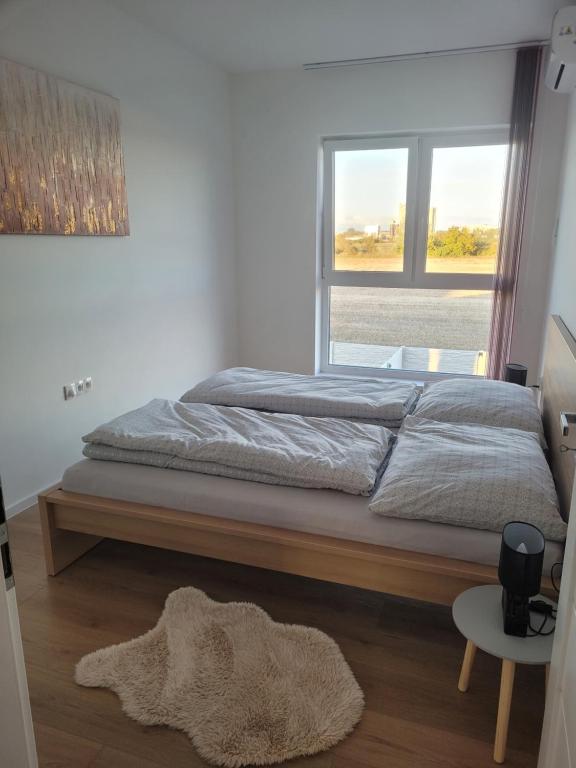 a bedroom with a bed with a window and a rug at Apartmán Neva Diakovce in Diakovce