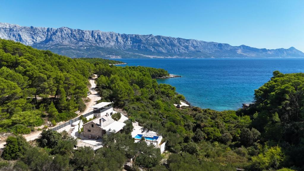an aerial view of a beach and the ocean at Villa Brač in Sumartin