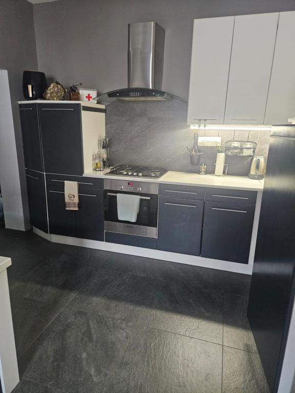 a kitchen with a stove and a sink at Luxus Apartman in Szombathely