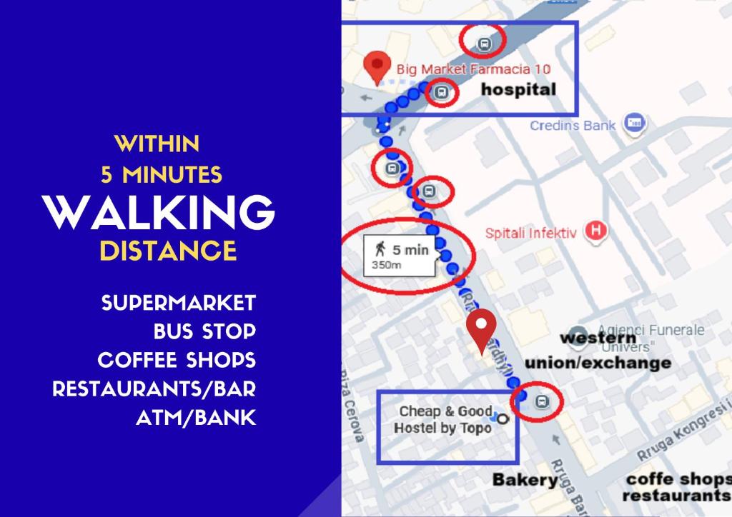 a map of the miles walking distance at Cheap & Good by Topo in Tirana