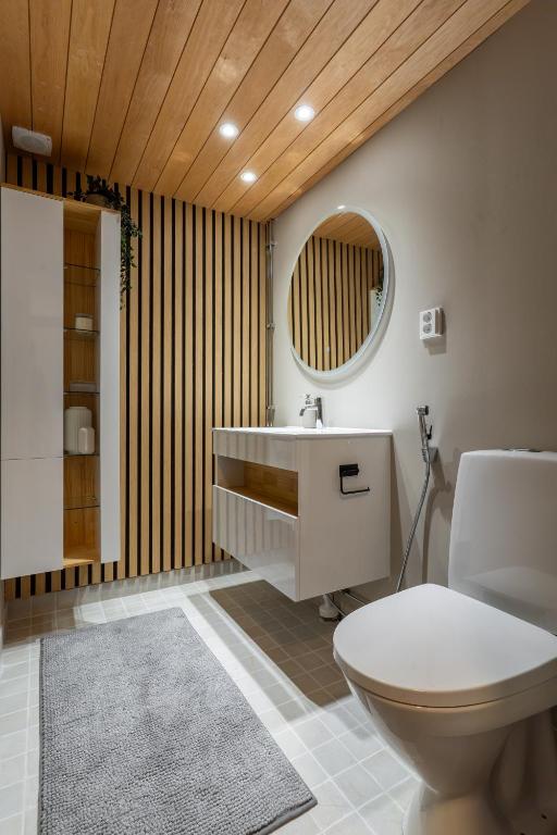 a bathroom with a sink and a toilet and a mirror at Villa Santa's Star I near SCV in Rovaniemi