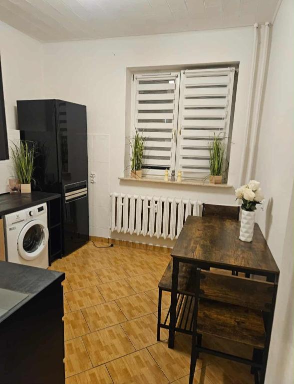 una cucina con tavolo e una finestra con piante di Apartament Zielony Zakątek a Dąbrowa Górnicza