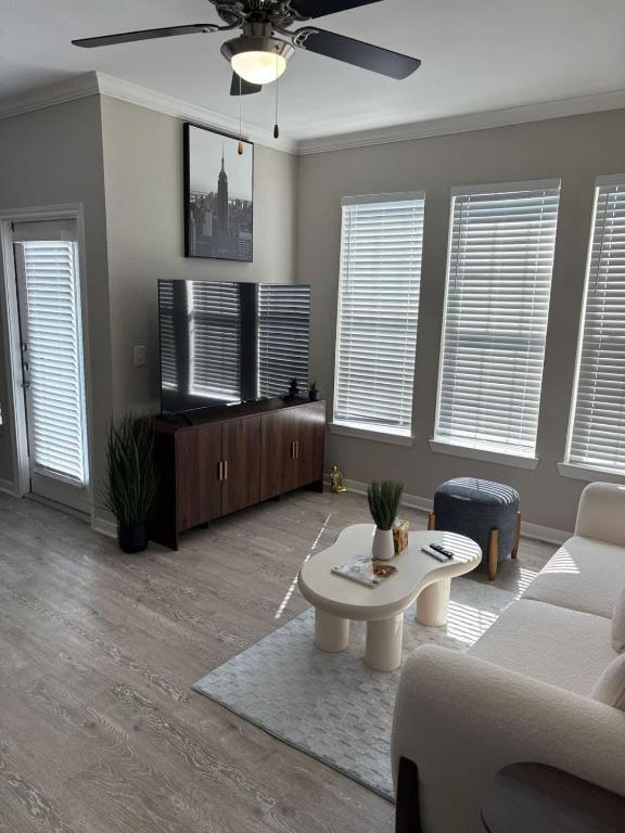 Televiisor ja/või meelelahutuskeskus majutusasutuses Chic 1BR Retreat in Magnolia Near The Woodlands