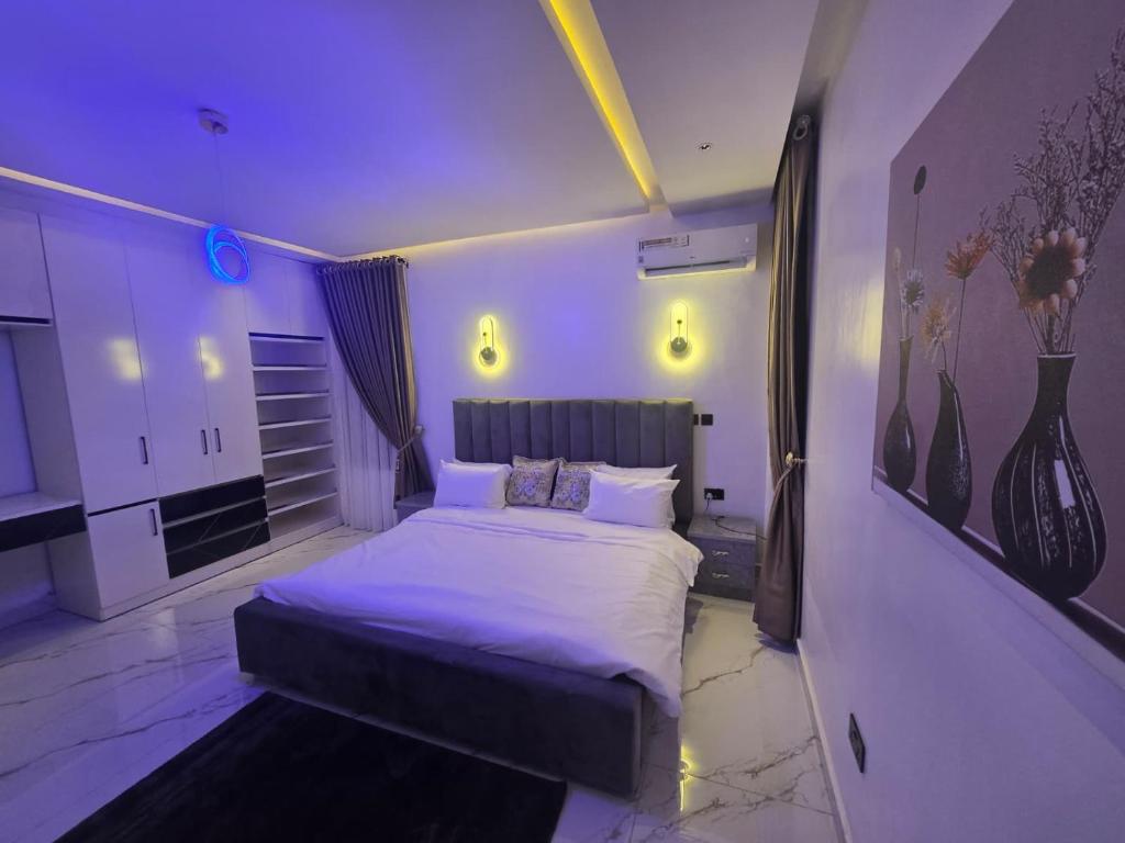 een slaapkamer met een groot bed met paarse verlichting bij D-Lezzubra Luxury Apartments in Gwarinpa