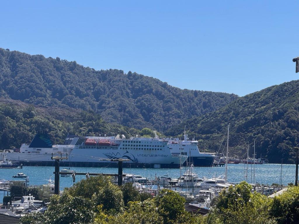 Un gran crucero está atracado en un puerto en Seaview Retreat, en Picton