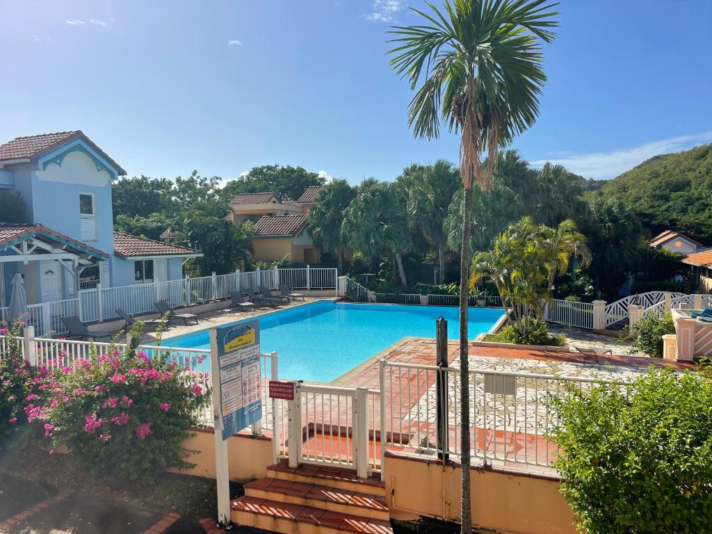 a swimming pool with a palm tree next to a house at Studio Melisyle in Sainte-Anne