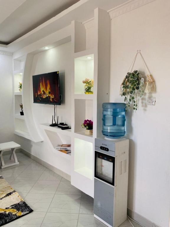 a living room with a stove and a fireplace at One Bedroom Executive Stays In Eldoret in Eldoret